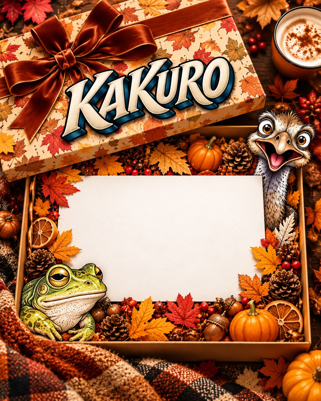 A Kakuro gift box open on an autumn table, filled with leaves, pumpkins and pine cones.
